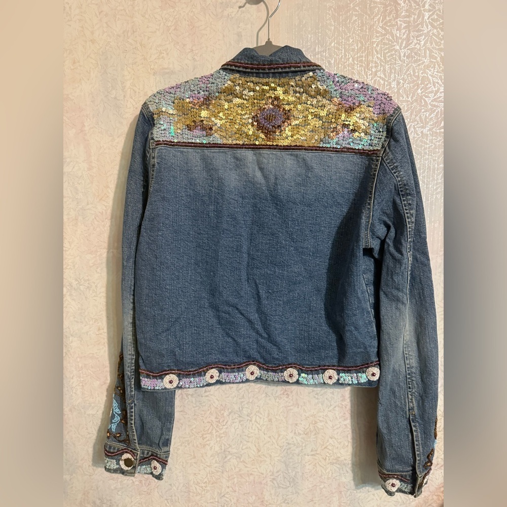 Vintage Boston Proper Multicolor Sequin And Beaded Jean Jacket, Sz Small - Picture 2 of 10